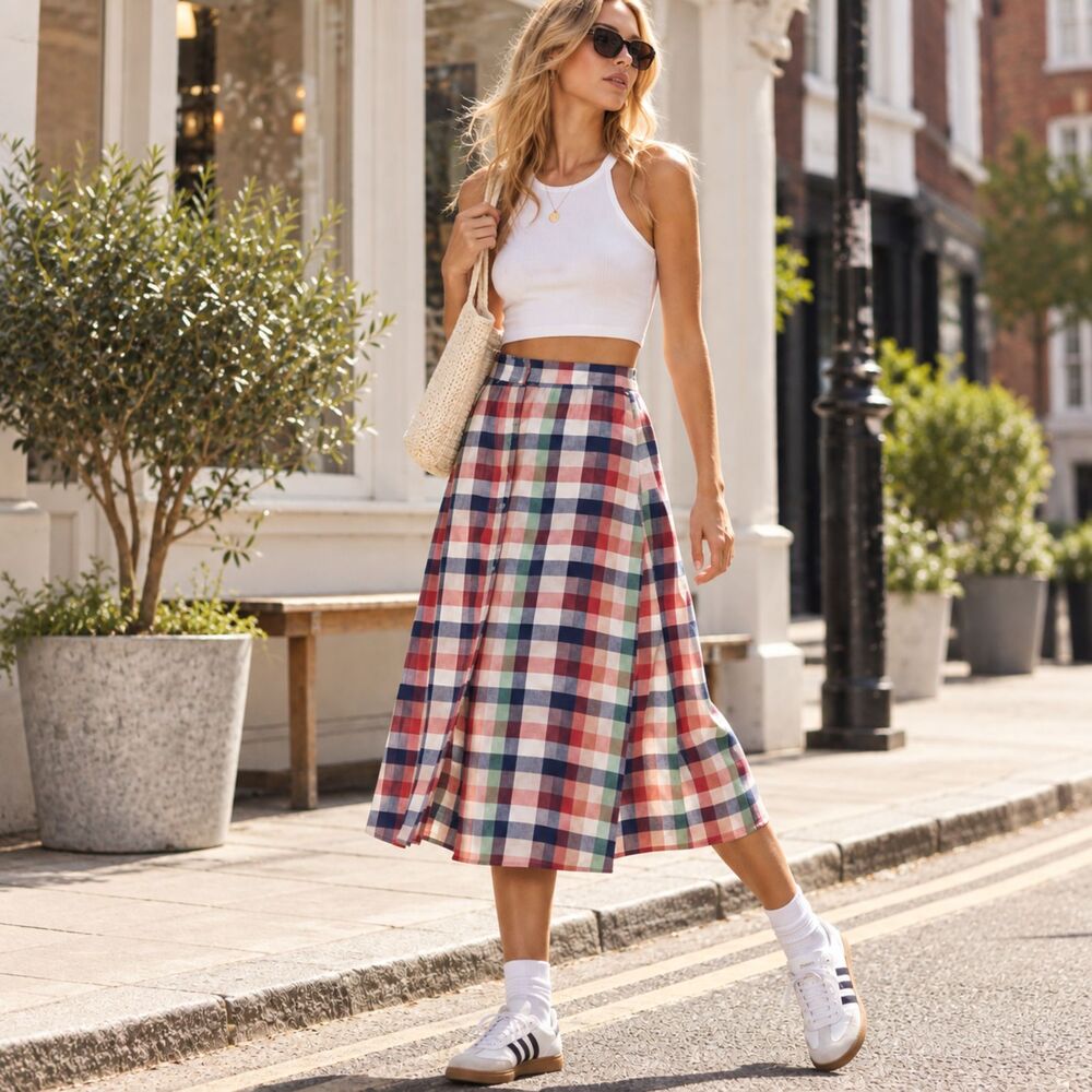 ASOS Midi Multicolor Gingham Button Down Skirt Size 2 NWT